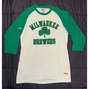 Stitches Milwaukee Brewers MLB Baseball Raglan Tee Green Cream Shamrock Mens M